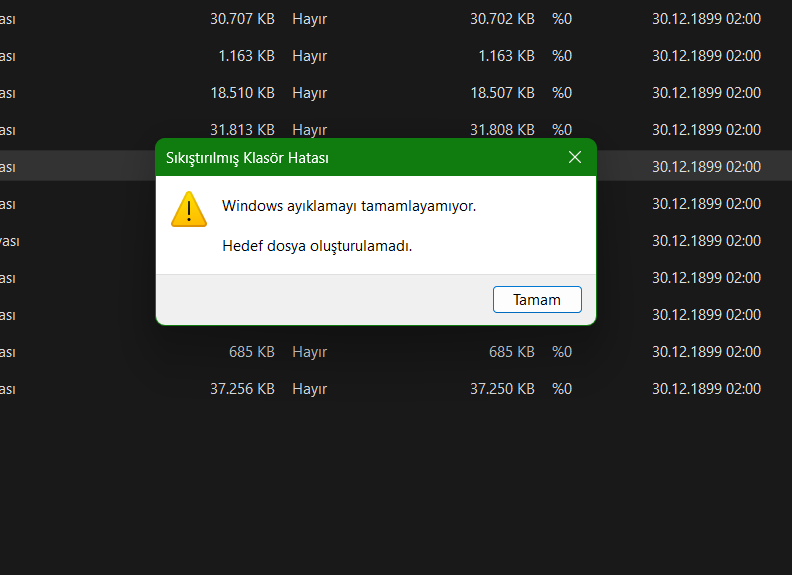 windows 11 sıkıştırılmış klasör hatası